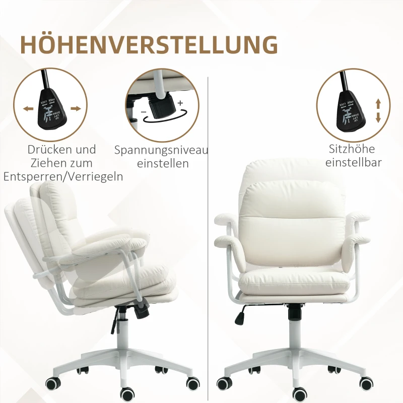 HOMCOM In hoogte verstelbare bureaustoel met zacht kussen en kunstleer bekleding, flexibele wielen en kantelfunctie, Wit(m-4)