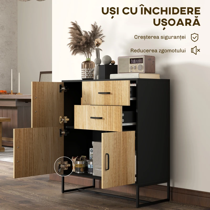 HOMCOM Bufet Modern de Depozitare cu 3 Dulapuri și 2 Sertare din Pal Melaminat și Oțel, 80x35x88 cm, Lemn Natural(m-5)