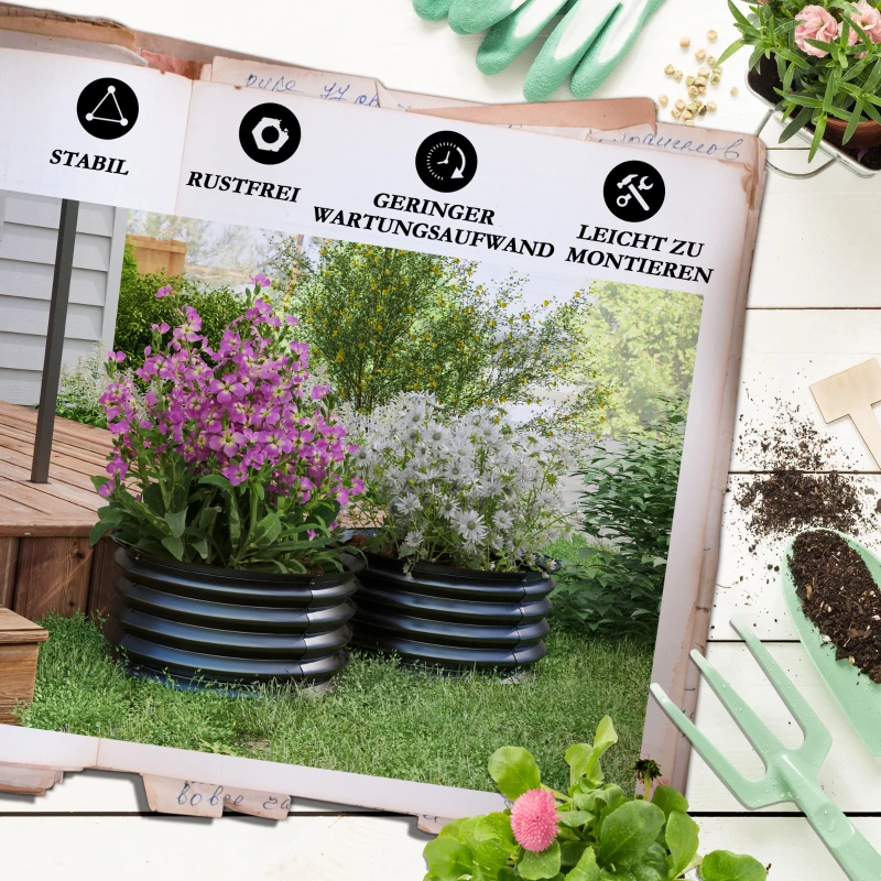 Outsunny Zestaw 2 ocynkowanych pojemników do sadzenia, Ø60 x 30H cm donice z otwartym dnem na różne rośliny, Ciemnoszary