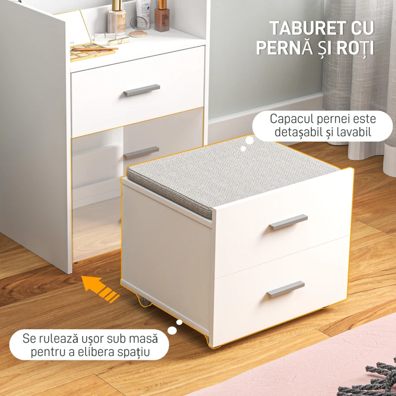 HOMCOM Masă de Machiaj cu Oglindă și Taburet Detașabil, Design Compact, Alb