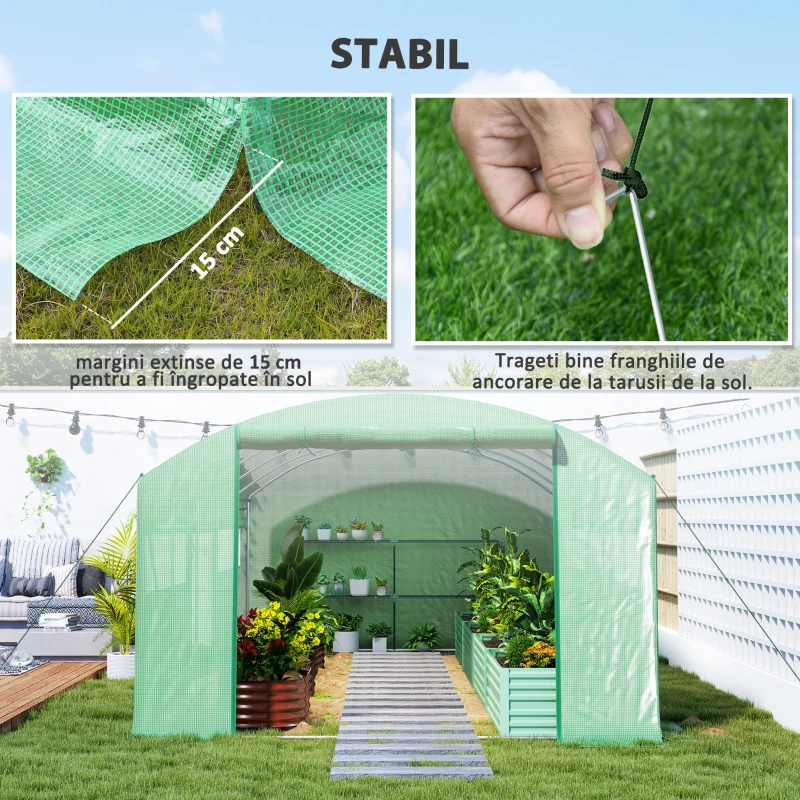 Outsunny Seră Tunel cu 3 Uși Rulante, 6 Ferestre, Țăruși și Frânghii, Seră de Grădină din Oțel Galvanizat, 6x3x2 m, Verde(m-8)
