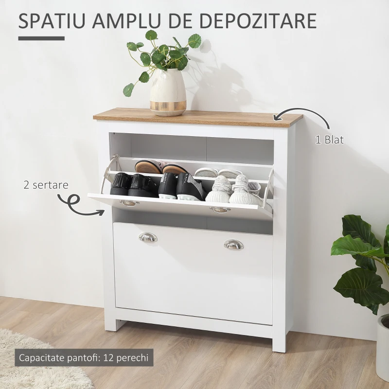HOMCOM Dulap pentru Pantofi cu 2 Sertare pentru 12 Perechi de Încălțăminte, Dulap de Depozitare, 79x23x90,5 cm, Alb