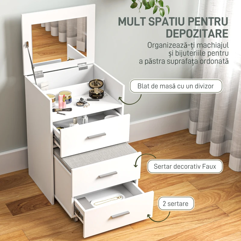 HOMCOM Masă de Machiaj cu Oglindă și Taburet Detașabil, Design Compact, Alb