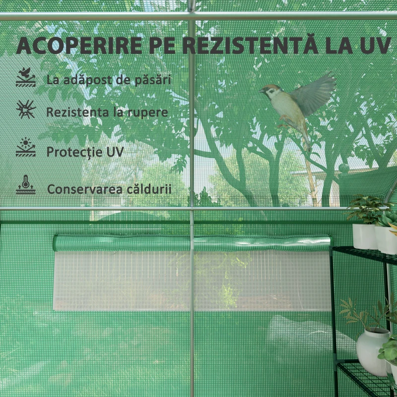 Outsunny Seră Tunel cu 3 Uși Rulante, 6 Ferestre, Țăruși și Frânghii, Seră de Grădină din Oțel Galvanizat, 6x3x2 m, Verde(m-6)