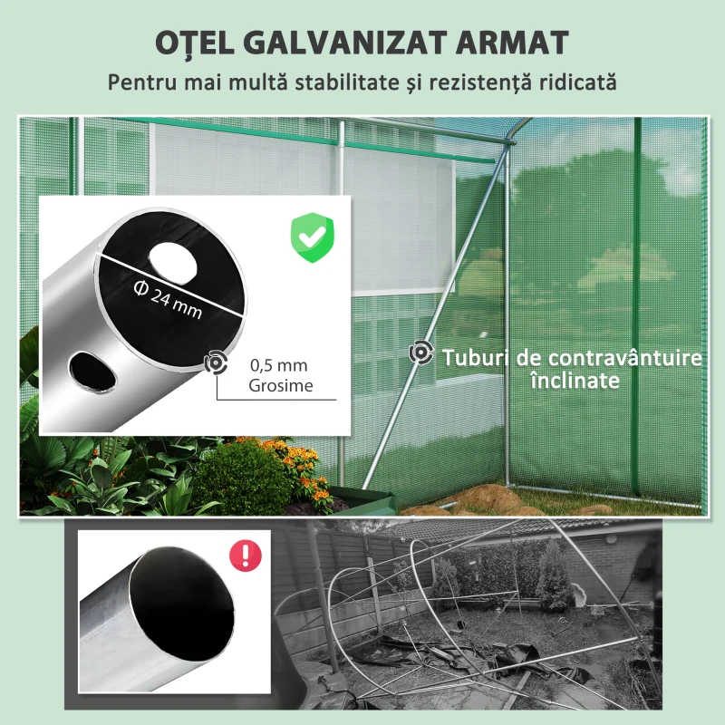 Outsunny Seră Tunel cu 3 Uși Rulante, 6 Ferestre, Țăruși și Frânghii, Seră de Grădină din Oțel Galvanizat, 6x3x2 m, Verde(m-7)