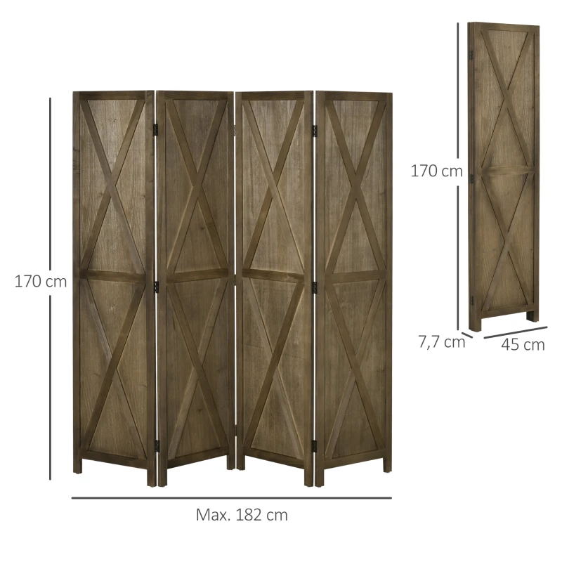 HOMCOM Biombo de 4 Painéis Separador de Ambientes Dobrável 182x170 cm Divisória para Espaços de Madeira Marrom Acinzentado