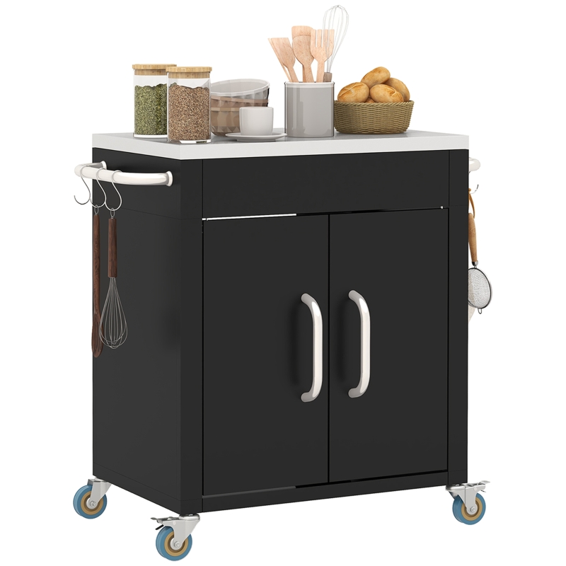 HOMCOM Black Metal Kitchen Island on Wheels, Rolling Trolley Catr with Stainless Top and Hooks