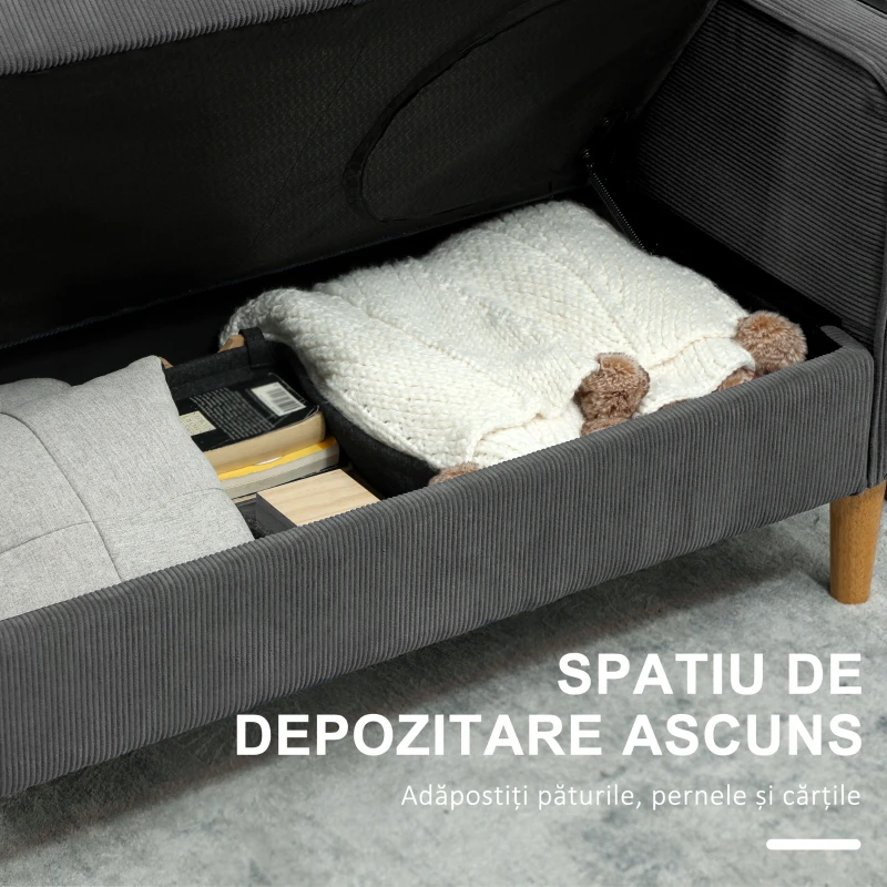 HOMCOM Canapea Modernă de 2 Locuri cu 2 Perne Detașabile, Spațiu de Depozitare și Picioare din Lemn, 140x63x79 cm, Gri(m-4)
