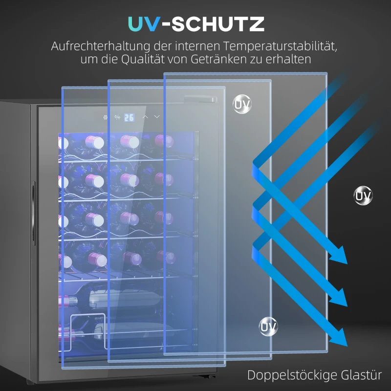 HOMCOM Kleine Wijnkoelkast, Mini-Koelkast voor 20 Flessen, 53 Liter Capaciteit, met Glazen Deur, LED-Verlichting, Zwart(m-8)