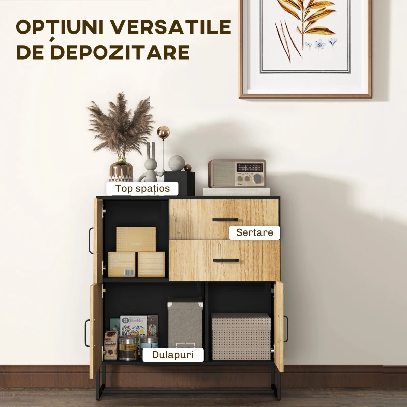 HOMCOM Bufet Modern de Depozitare cu 3 Dulapuri și 2 Sertare din Pal Melaminat și Oțel, 80x35x88 cm, Lemn Natural(m-4)