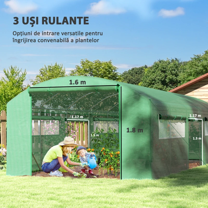 Outsunny Seră Tunel cu 3 Uși Rulante, 6 Ferestre, Țăruși și Frânghii, Seră de Grădină din Oțel Galvanizat, 6x3x2 m, Verde(m-4)