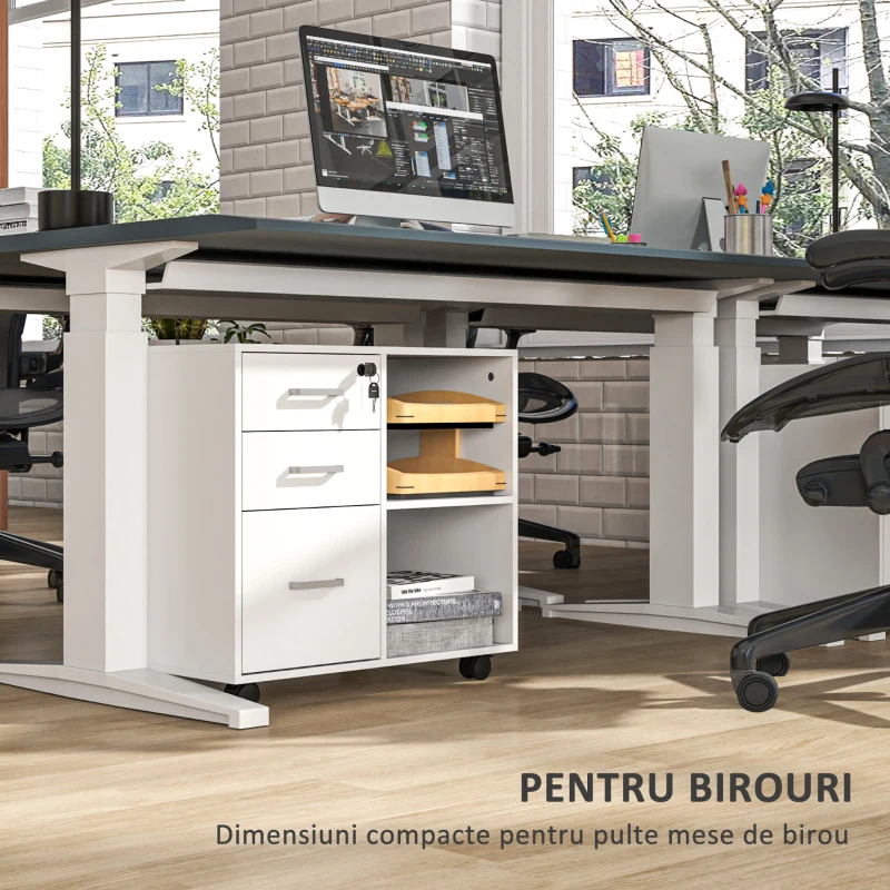 HOMCOM Dulap cu Sertare pentru Birou, Suport pentru Documente cu 3 Sertare cu Încuietoare și Chei, 60x40x56 cm, Alb
