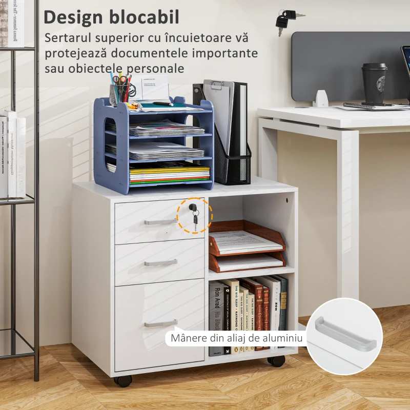 HOMCOM Dulap cu Sertare pentru Birou, Suport pentru Documente cu 3 Sertare cu Încuietoare și Chei, 60x40x56 cm, Alb