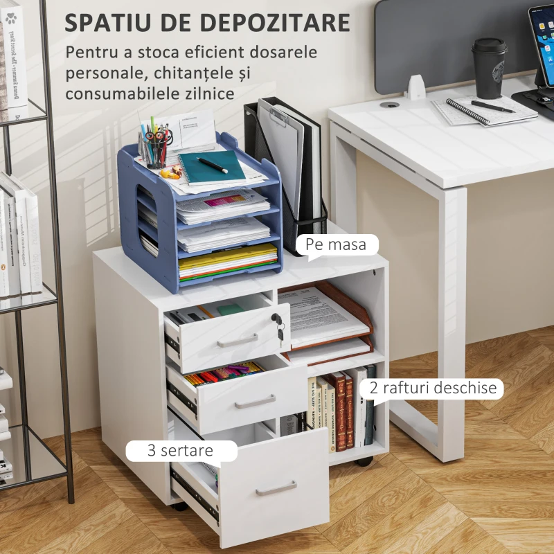 HOMCOM Dulap cu Sertare pentru Birou, Suport pentru Documente cu 3 Sertare cu Încuietoare și Chei, 60x40x56 cm, Alb