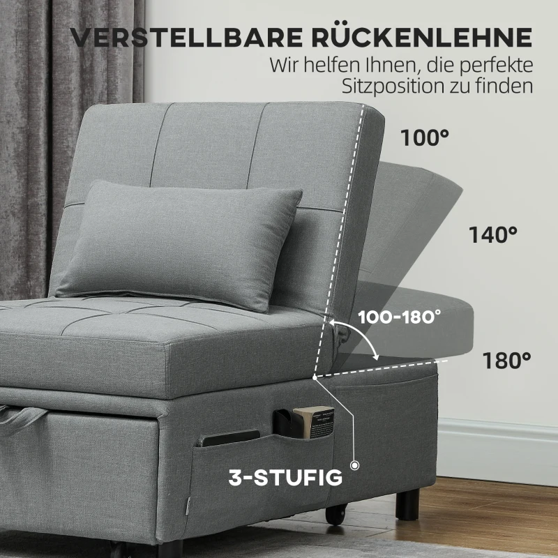 HOMCOM 3-in-1 Opklapbare Fauteuil met Zijvak, Gastenbed met Kussen, Verstelbare Rugleuning, Slaapstoel met Wielen, Lichtgrijs