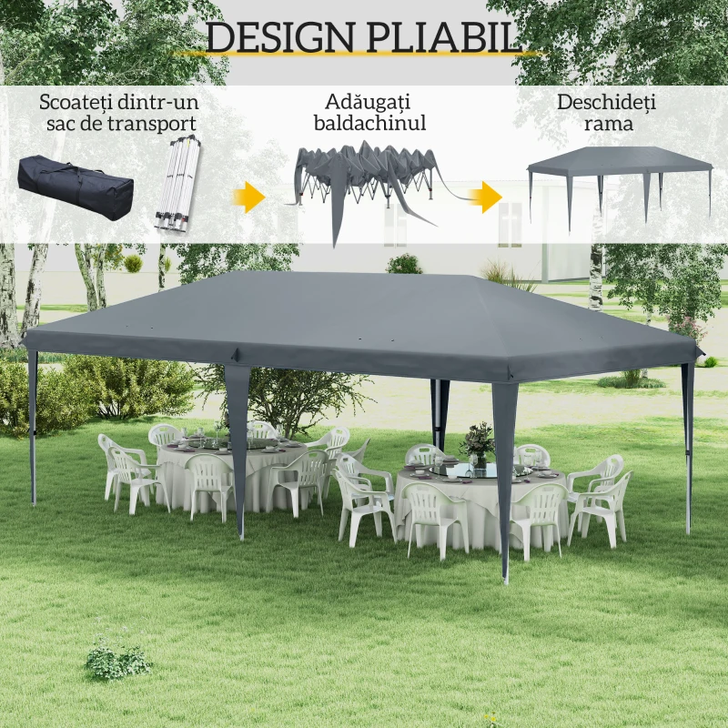 Outsunny Cort Pliabil pentru Grădină cu Sac de Transport din Oțel Epoxidic și Poliester Oxford, 5,85x2,95x2,7 m, Gri