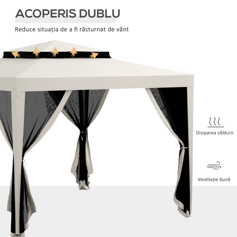 Outsunny Foisor de Grădină cu Plasă Țânțari, Foisor cu Acoperiș Dublu și Cadru Metalic, 297x297x268 cm, Bej