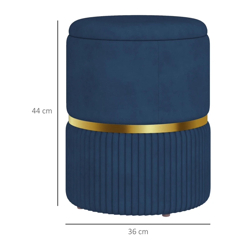 HOMCOM Banco de Armazenamento para Dormitório Puff de Arrumação Estofado em Veludo com Pés Antiderrapantes Ø36x44 cm Azul Escuro