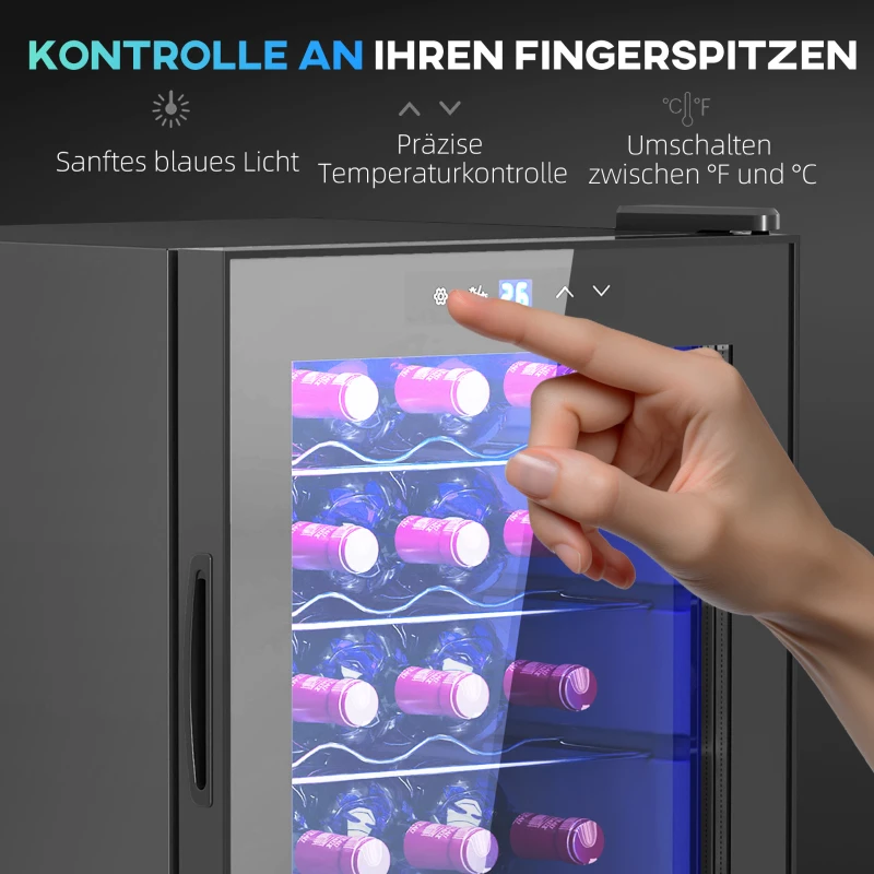 HOMCOM Kleine Wijnkoelkast, Mini-Koelkast voor 20 Flessen, 53 Liter Capaciteit, met Glazen Deur, LED-Verlichting, Zwart(m-7)