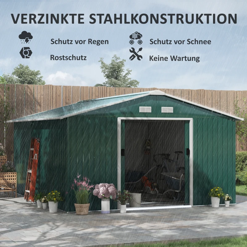 Outsunny Tuinschuur, Weerbestendig Tuinhuis voor Tuingereedschap, met Ventilatieramen, Schuifdeuren, Staal, Donkergroen(m-4)