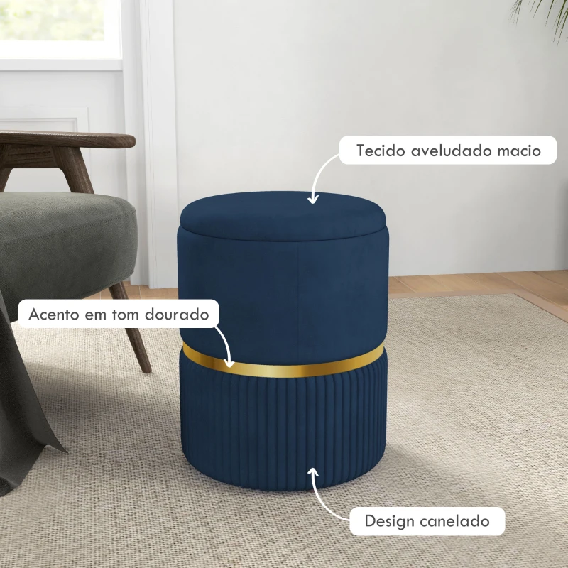 HOMCOM Banco de Armazenamento para Dormitório Puff de Arrumação Estofado em Veludo com Pés Antiderrapantes Ø36x44 cm Azul Escuro