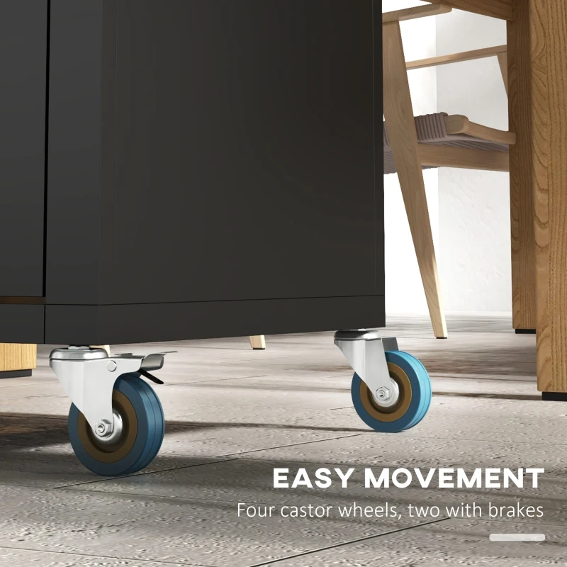 HOMCOM Black Metal Kitchen Island on Wheels, Rolling Trolley Catr with Stainless Top and Hooks