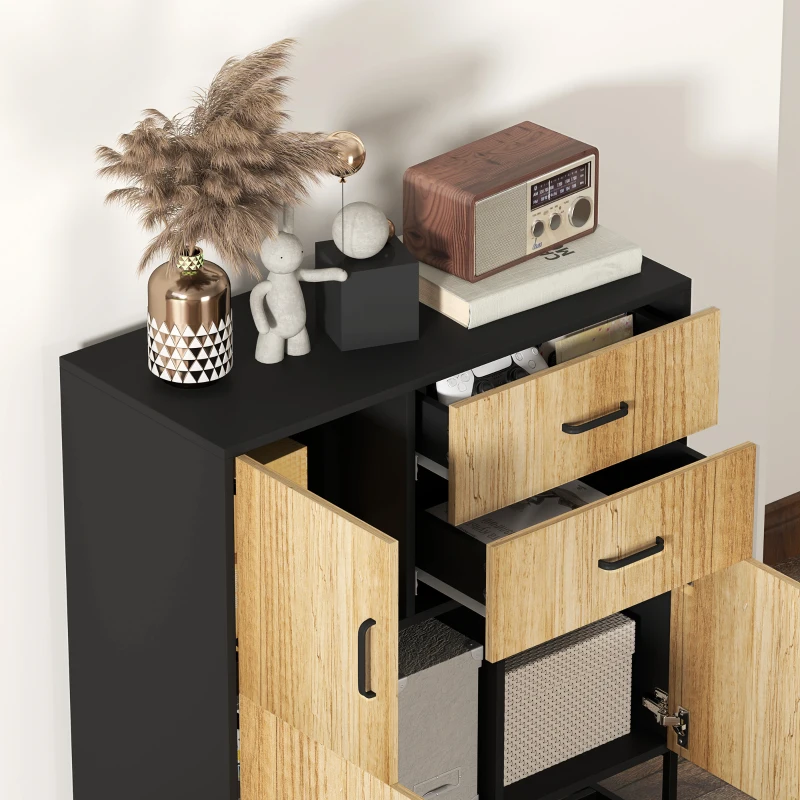 HOMCOM Bufet Modern de Depozitare cu 3 Dulapuri și 2 Sertare din Pal Melaminat și Oțel, 80x35x88 cm, Lemn Natural(m-8)