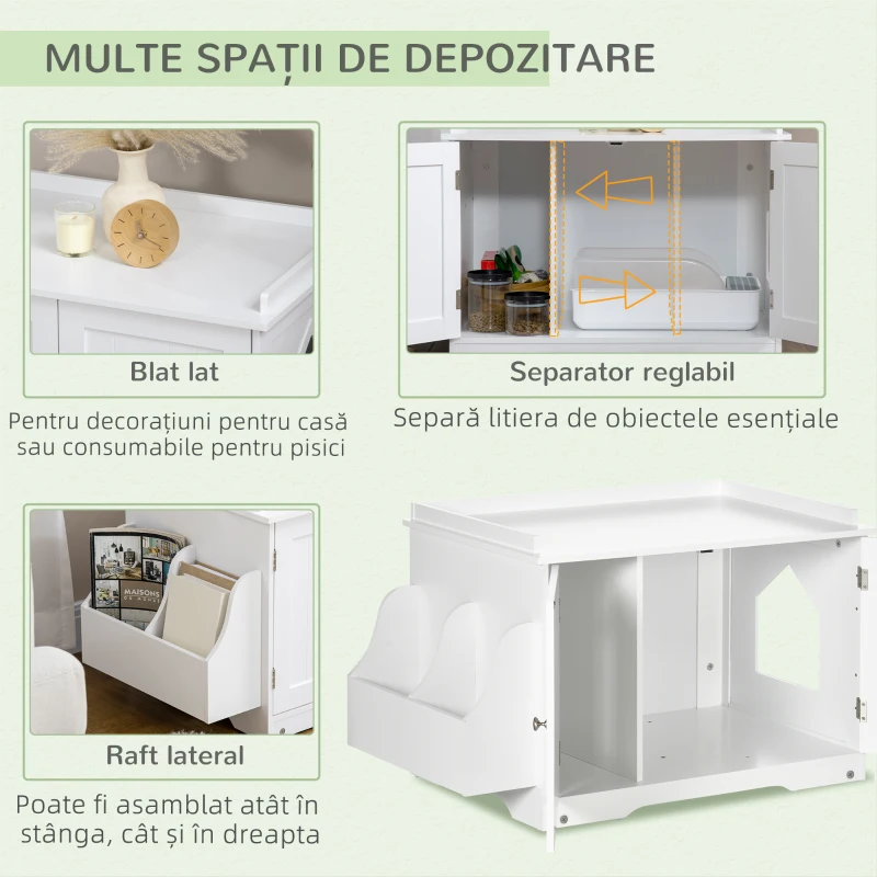 PawHut Mobilier Acoperit pentru Litieră cu Separator Interior Reglabil, Intrare Laterală și 2 Uși, 86x48x52 cm, Alb