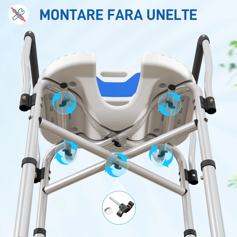 HOMCOM Scaun de Duș cu Spătar, Brațe, Șezut Canelatat, Bare de Ranforsare și Înălțime Reglabilă, 53x41,5x78,5-91,5 cm, Albastru