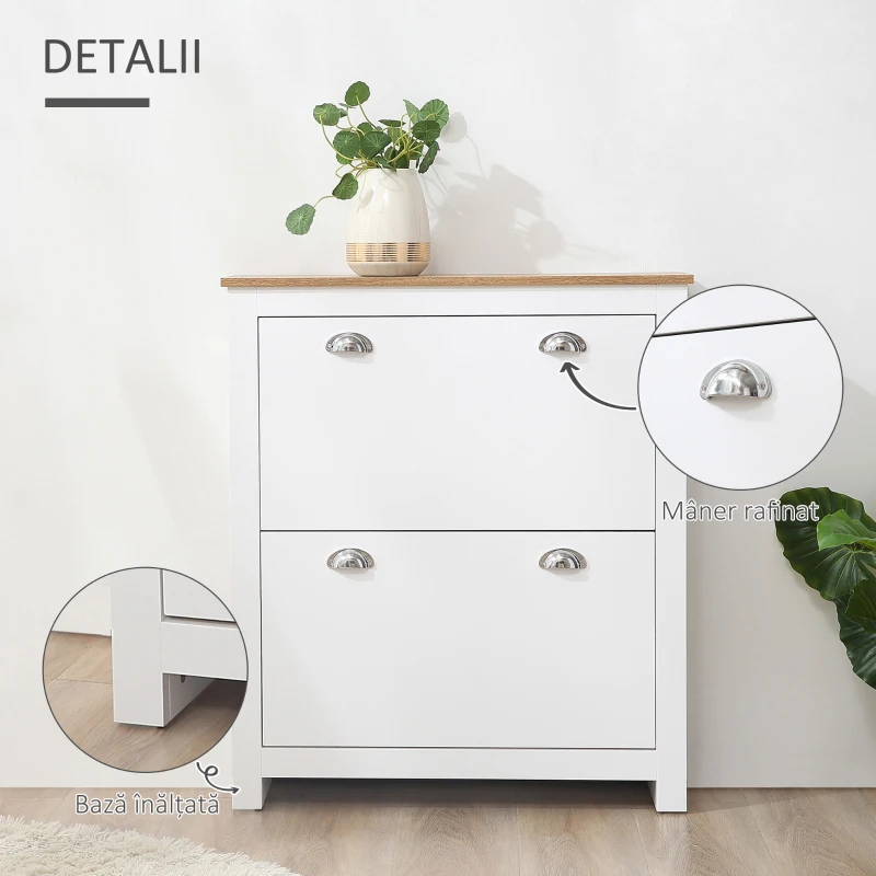 HOMCOM Dulap pentru Pantofi cu 2 Sertare pentru 12 Perechi de Încălțăminte, Dulap de Depozitare, 79x23x90,5 cm, Alb