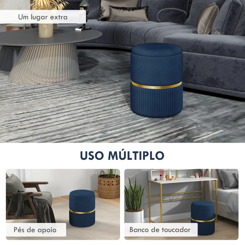 HOMCOM Banco de Armazenamento para Dormitório Puff de Arrumação Estofado em Veludo com Pés Antiderrapantes Ø36x44 cm Azul Escuro