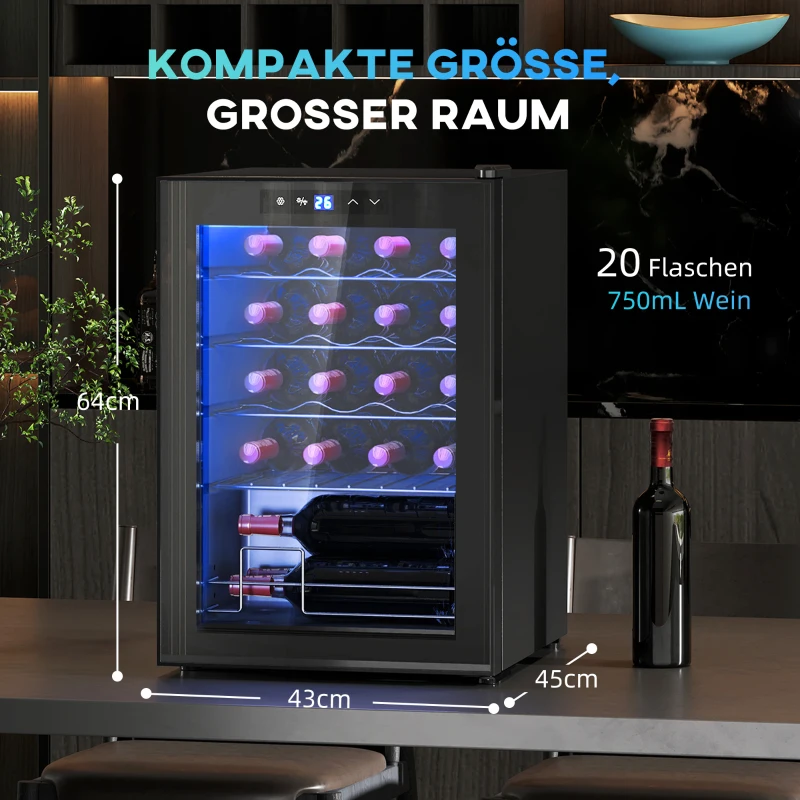 HOMCOM Kleine Wijnkoelkast, Mini-Koelkast voor 20 Flessen, 53 Liter Capaciteit, met Glazen Deur, LED-Verlichting, Zwart(m-3)
