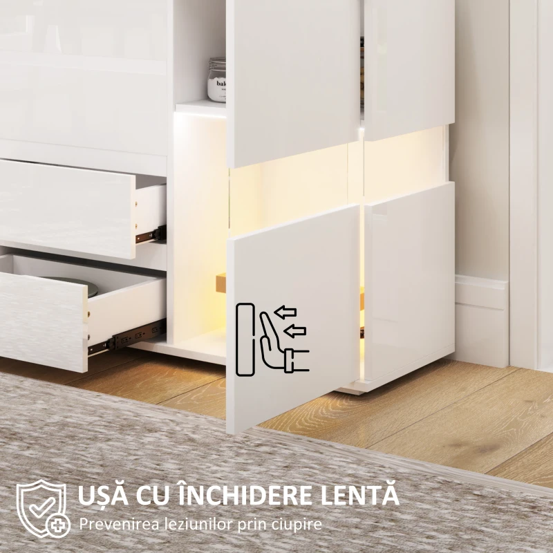 HOMCOM Bufet cu Lumini LED Reglabile prin Telecomandă, Mobilier de Sufragerie cu 4 Sertare și 2 Dulapuri, 120x34x70 cm, Alb