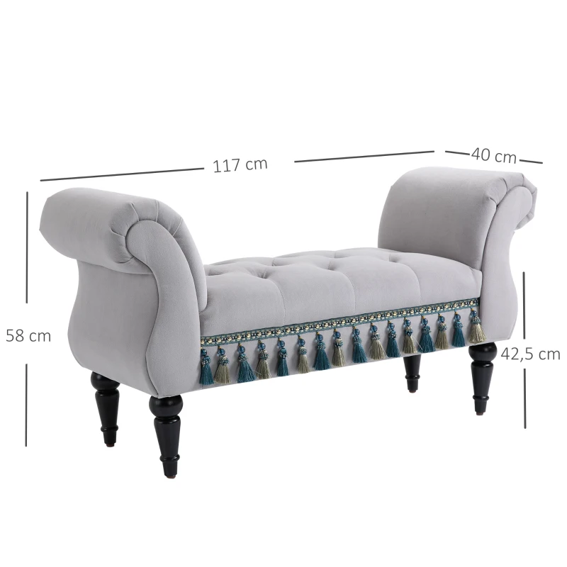 HOMCOM Vintage Bed End Bench with Armrest Tufted Footrest Stool Upholstered Bedroom Imitation Velvet Grey 117 x 40 x 58 cm