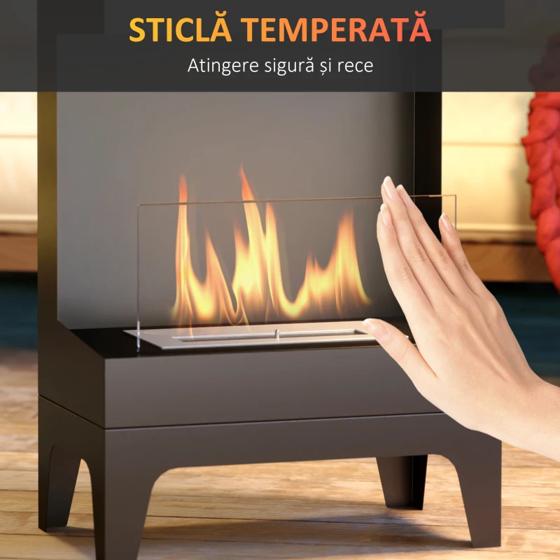 HOMCOM Șemineu pe Bioetanol cu Arzător 0,9L pentru Durată 3,3 Ore, Bioșemineu din Oțel și Sticlă, 38x22x54 cm, Negru