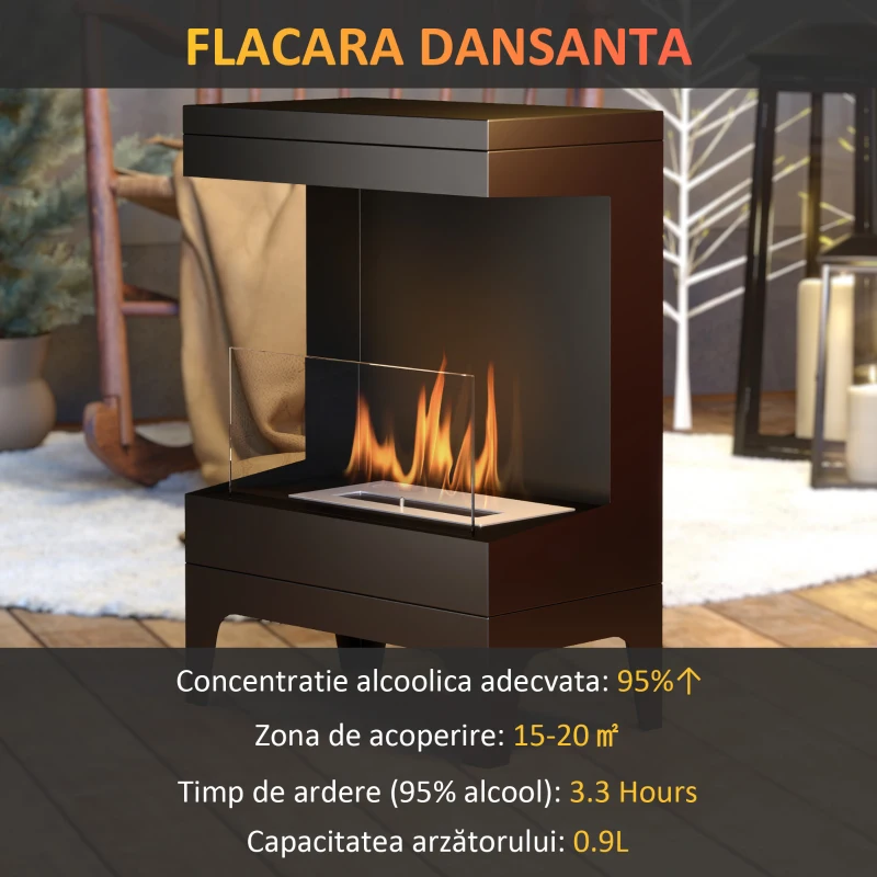 HOMCOM Șemineu pe Bioetanol cu Arzător 0,9L pentru Durată 3,3 Ore, Bioșemineu din Oțel și Sticlă, 38x22x54 cm, Negru