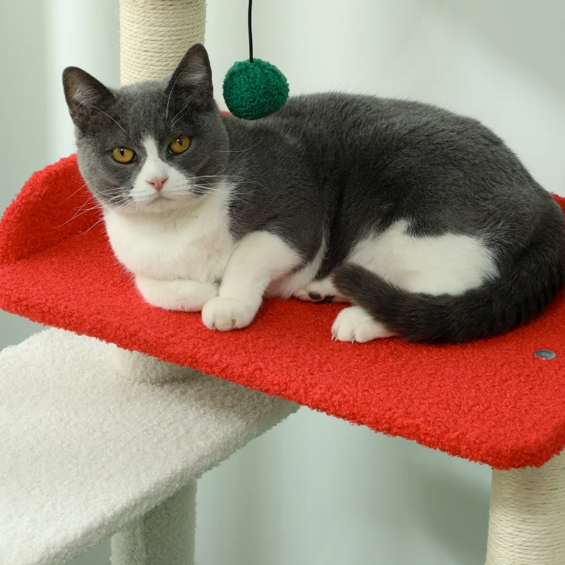 PawHut 135 cm Hoge Kerstkrabpaal met Kattenbed, Kattenhol, Krabpalen, Springplatforms, Speelballen