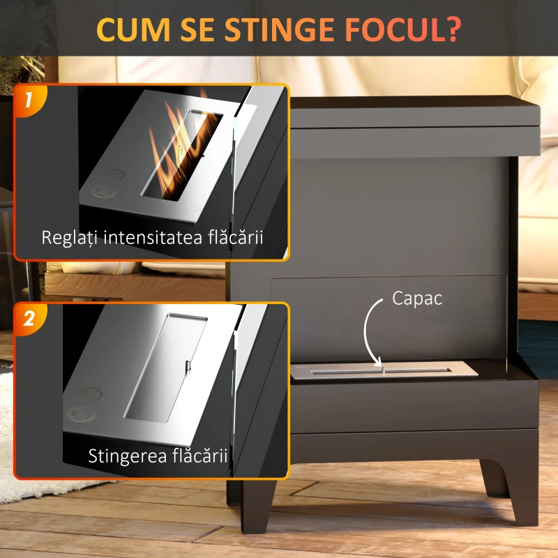 HOMCOM Șemineu pe Bioetanol cu Arzător 0,9L pentru Durată 3,3 Ore, Bioșemineu din Oțel și Sticlă, 38x22x54 cm, Negru