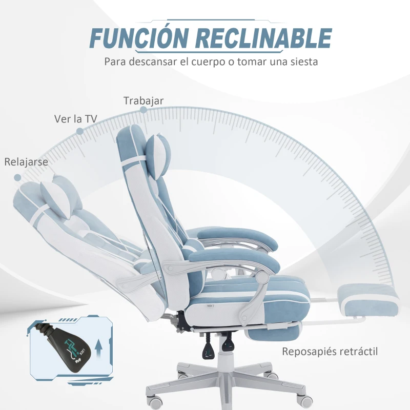 HOMCOM Silla Gamer Reclinable con Altura Ajustable Reposapiés Retráctil Soporte Lumbar y Reposacabezas Desmontable Azul