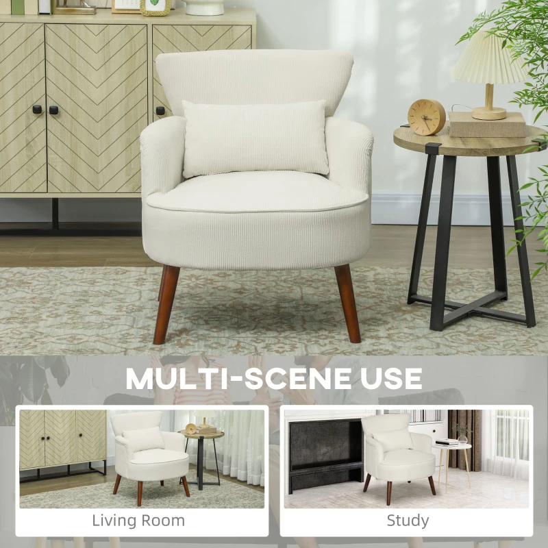 HOMCOM Nowoczesny Fotel z Podłokietnikami, Tapicerowany Akcentowy Fotel z Poduszką Lędźwiową, Nogi z Drewna Kauczukowego, Kremowy