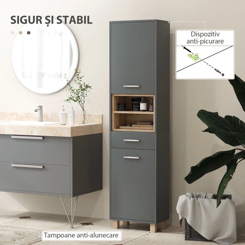 HOMCOM Coloană de Baie cu Sertar, Dulapuri și 2 Rafturi Deschise, Mobilier cu Spațiu de Depozitare, 40x24x160 cm, Gri