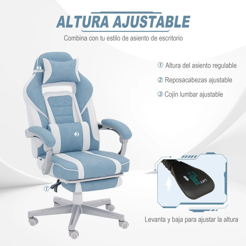 HOMCOM Silla Gamer Reclinable con Altura Ajustable Reposapiés Retráctil Soporte Lumbar y Reposacabezas Desmontable Azul