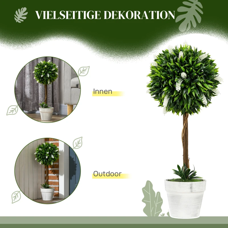HOMCOM Set van 2 Lavendel Kunstbomen, 60 cm hoog, inclusief Pot en Kunstmos, Wit