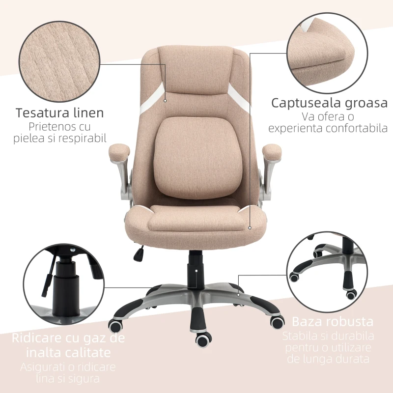 Vinsetto Scaun de Birou Ergonomic cu Brațe Rabatabile, Tetieră, Suport Lombar și Înălțime Reglabilă, 68x76x117 cm, Maro