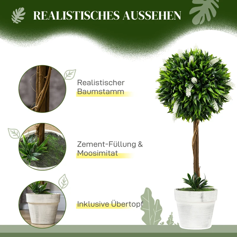 HOMCOM Set van 2 Lavendel Kunstbomen, 60 cm hoog, inclusief Pot en Kunstmos, Wit