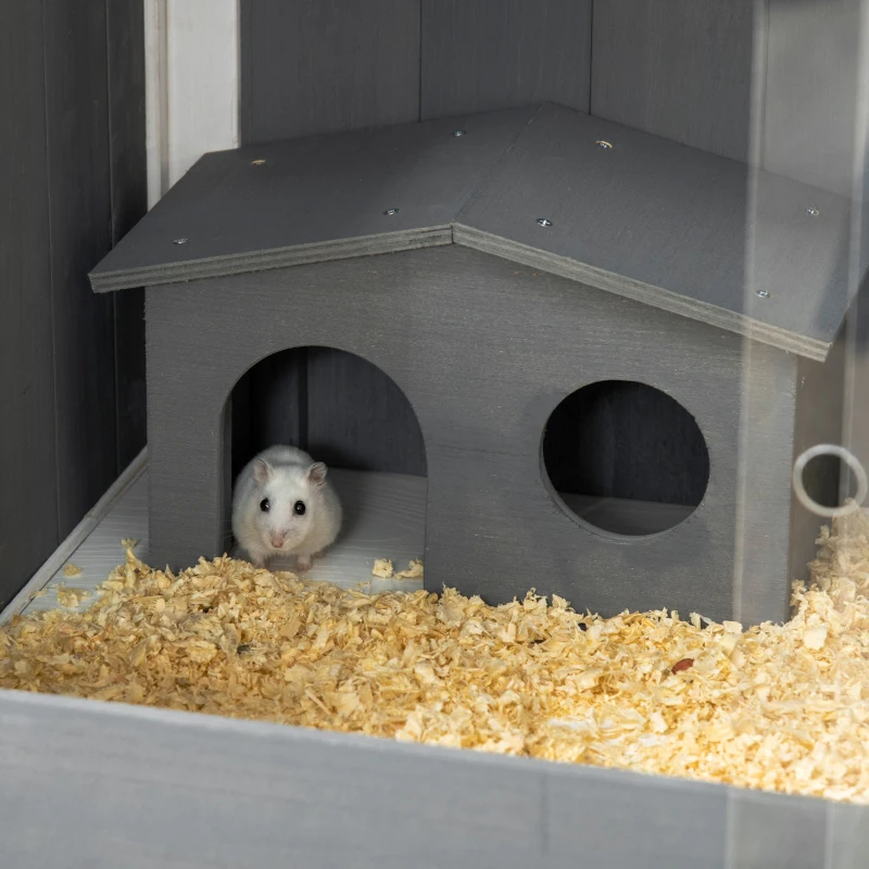 PawHut Hamsterkäfig, 3000 cm² Zwerghamsterkäfig aus Holz und Metall, mit 2 Hütten, Acrylschiebetüren, stabil, sicher, Grau+Weiß(m-9)