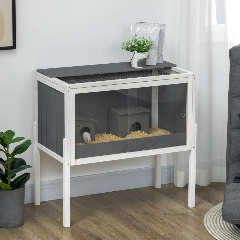 PawHut Hamsterkäfig, 3000 cm² Zwerghamsterkäfig aus Holz und Metall, mit 2 Hütten, Acrylschiebetüren, stabil, sicher, Grau+Weiß(m-2)