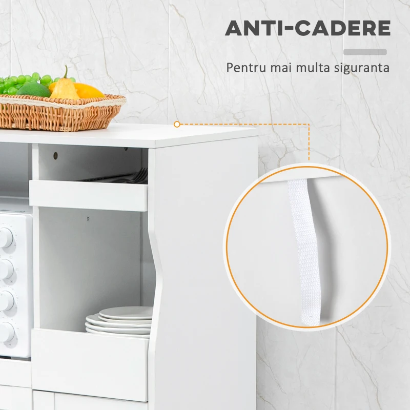HOMCOM Bufet de Bucătărie cu 2 Dulapuri, Sertar și Rafturi Extensibile pentru Cuptor cu Microunde, 84x39x109 cm, Alb