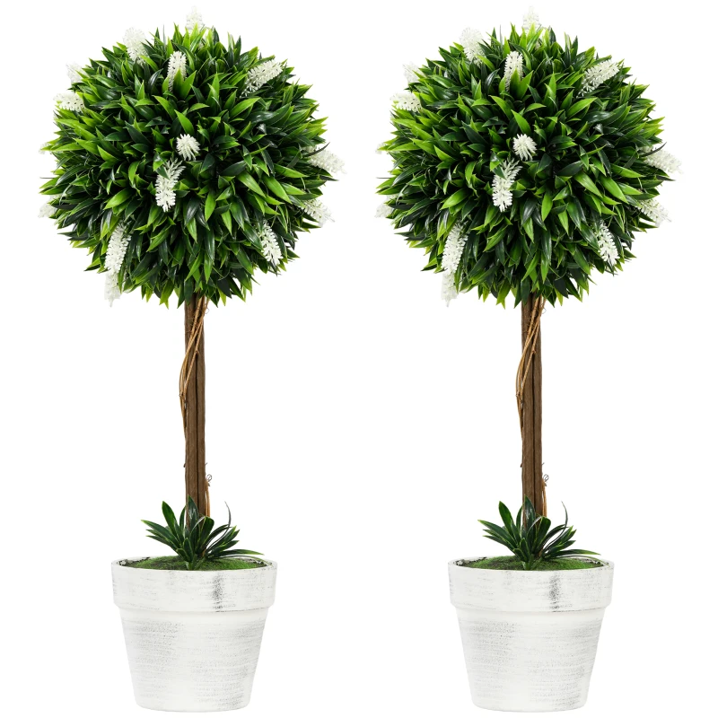 HOMCOM Set van 2 Lavendel Kunstbomen, 60 cm hoog, inclusief Pot en Kunstmos, Wit