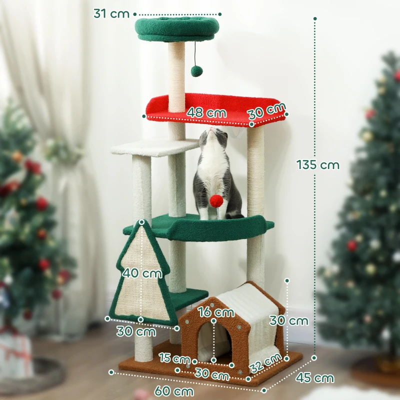 PawHut 135 cm Hoge Kerstkrabpaal met Kattenbed, Kattenhol, Krabpalen, Springplatforms, Speelballen